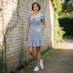 Women's Y2K Romantic Cottagecore Floral Fairy Feminine Shirring Mini Dress Sz L